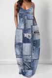 Sexy Street Faux Denim Print Pocket U Neck Printed Dresses