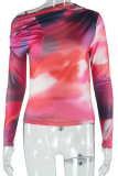 Casual Print Patchwork Ruched Oblique Collar Tops