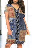 Casual Daily Faux Denim Print Pocket Contrast V Neck Printed Short Sleeve Dress