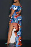 Sexy Street Plaid Cartoon Print Flowers Slit Contrast Off Shoulder Printed Dresses