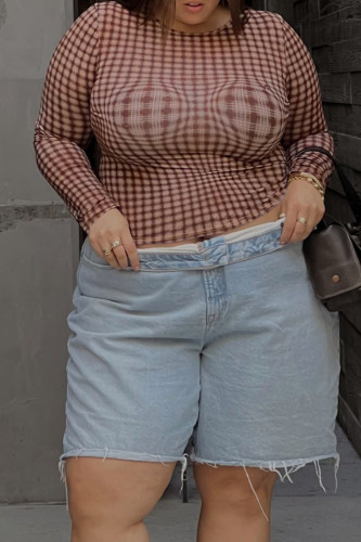 Casual Plaid Patchwork O Neck Plus Size Tops