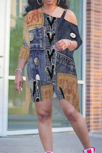 Casual Street Faux Denim Print Irregular Contrast Sloping Shoulder Plus Size Two Pieces