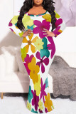 Sexy Street Floral Print Contrast V Neck Printed Plus Size Dresses