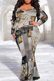 Sexy Street Geometric Print Gradient Contrast V Neck Fishtail Dresses