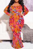 Sexy Street Floral Print Contrast V Neck Printed Plus Size Dresses