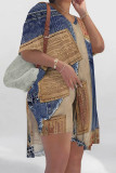Casual Street Faux Denim Print Slit V Neck Short Sleeve Two Pieces