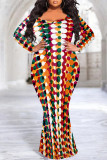 Sexy Street Geometric Print Polka Dot V Neck Fishtail Plus Size Dresses