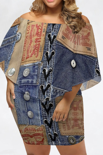 Casual Street Faux Denim Print Irregular Off Shoulder Printed Plus Size Dresses