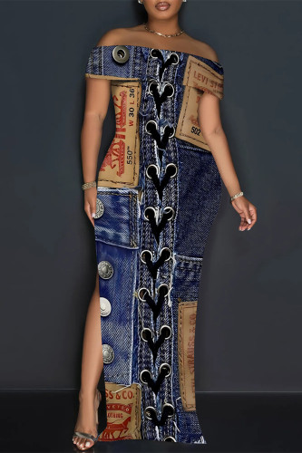 Sexy Street Faux Denim Print Slit Off Shoulder Printed Dresses