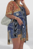 Casual Street Faux Denim Print Slit V Neck Short Sleeve Two Pieces