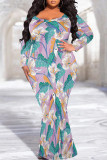 Sexy Street Floral Print Contrast V Neck Printed Plus Size Dresses