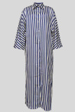 Casual Stripe Buckle Patchwork Slit Turndown Collar Long Dresses