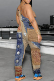 Casual Street Faux Denim Print Pocket Contrast U Neck Boot Cut Jumpsuits