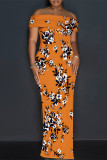Sexy Street Plaid Cartoon Print Flowers Slit Contrast Off Shoulder Printed Dresses