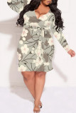 Sexy Floral Print Lace Up Ruffle V Neck Printed Plus Size Dresses
