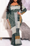 Sexy Street Geometric Print Gradient Contrast V Neck Fishtail Dresses