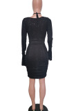 Sexy Solid Color Hollow Out Patchwork Strap Design Asymmetrical Collar Wrapped Skirt Dresses