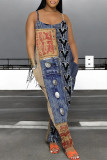 Casual Street Faux Denim Print Pocket Contrast U Neck Boot Cut Jumpsuits