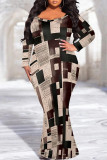 Sexy Geometric Print Flowers Contrast V Neck Fishtail Plus Size Dresses