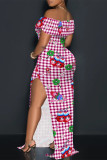 Sexy Street Plaid Cartoon Print Flowers Slit Contrast Off Shoulder Printed Dresses