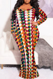 Sexy Street Geometric Print Polka Dot V Neck Fishtail Plus Size Dresses