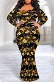 Sexy Street Geometric Print Gradient Contrast V Neck Fishtail Dresses