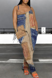 Casual Street Faux Denim Print Pocket Contrast U Neck Boot Cut Jumpsuits