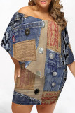 Casual Street Faux Denim Print Irregular Off Shoulder Printed Plus Size Dresses