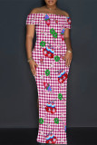 Sexy Street Plaid Cartoon Print Flowers Slit Contrast Off Shoulder Printed Dresses