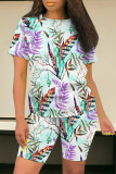 Casual Street Geometric Print Floral Print Contrast O Neck Short Sleeve Two Pieces