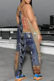 Casual Street Faux Denim Print Pocket Contrast U Neck Boot Cut Jumpsuits