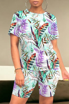 Casual Street Geometric Print Floral Print Contrast O Neck Short Sleeve Two Pieces