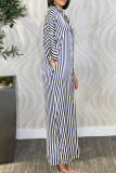 Casual Stripe Buckle Patchwork Slit Turndown Collar Long Dresses