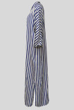 Casual Stripe Buckle Patchwork Slit Turndown Collar Long Dresses