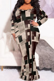 Sexy Geometric Print Flowers Contrast V Neck Fishtail Plus Size Dresses