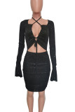 Sexy Solid Color Hollow Out Patchwork Strap Design Asymmetrical Collar Wrapped Skirt Dresses