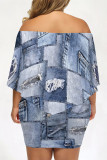 Casual Street Faux Denim Print Irregular Off Shoulder Printed Plus Size Dresses