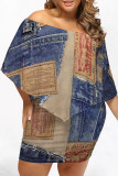 Casual Street Faux Denim Print Irregular Off Shoulder Printed Plus Size Dresses