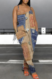 Casual Street Faux Denim Print Pocket Contrast U Neck Boot Cut Jumpsuits