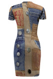 Casual Street Faux Denim Print Irregular Contrast O Neck Irregular Short Sleeve Dress