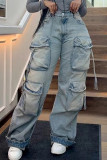 Street Solid Color Pocket Buttons Patchwork Zipper Mid Waist Loose Denim Jeans