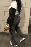 Street Solid Color Pocket Patchwork Zipper Mid Waist Straight Denim Jeans