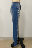 Street Solid Color Ripped Buttons Patchwork Zipper Mid Waist Regular Denim Jeans