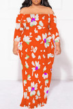 Sexy Floral Print Contrast Off Shoulder Printed Plus Size Dresses(No Belt)