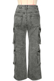 Street Solid Color Pocket Patchwork Zipper Mid Waist Straight Denim Jeans