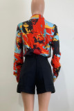 Casual Print Buckle Patchwork Shirt Collar Tops