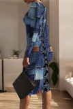 Casual Street Faux Denim Print Contrast O Neck Printed Dresses