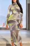 Street Elegant Floral Print Contrast Half A Turtleneck Printed Dresses