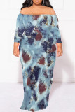 Sexy Floral Print Contrast Off Shoulder Printed Plus Size Dresses(No Belt)