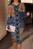 Casual Street Faux Denim Print Contrast O Neck Printed Dresses